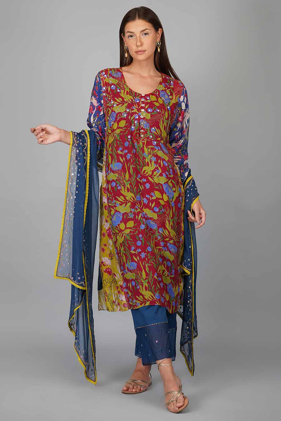 Flower Print Panelled Kurta Set