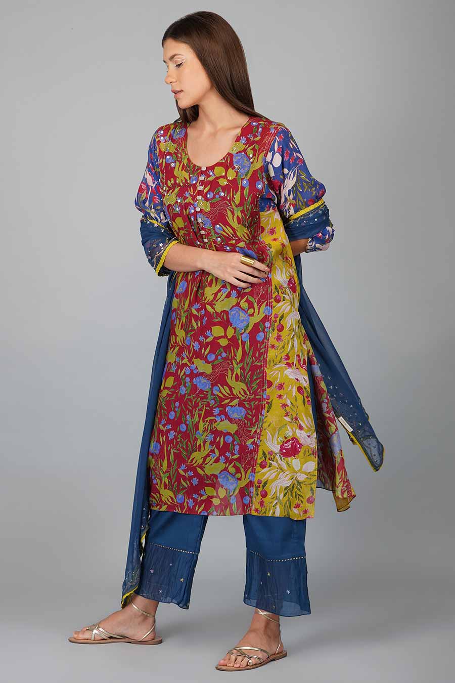 Flower Print Panelled Kurta Set