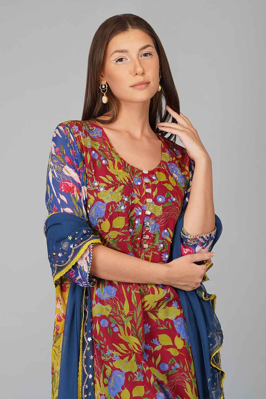 Flower Print Panelled Kurta Set