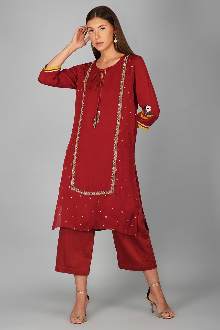 Maroon Flower Sequin Kurta Set