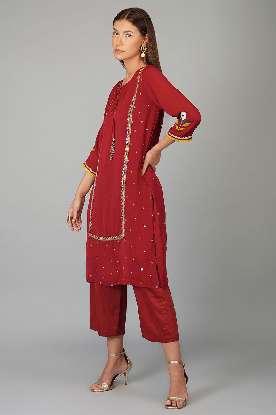 Maroon Flower Sequin Kurta Set