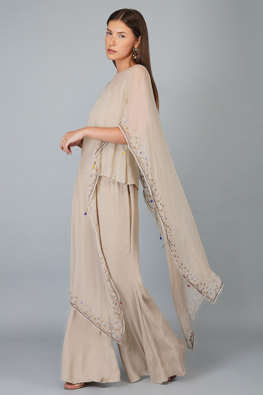 Beige Sequin Flower Cape Set