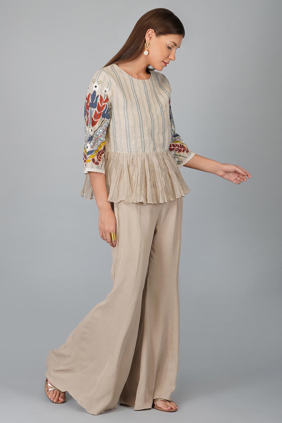 Beige Gathered Applique Top & Pant Set