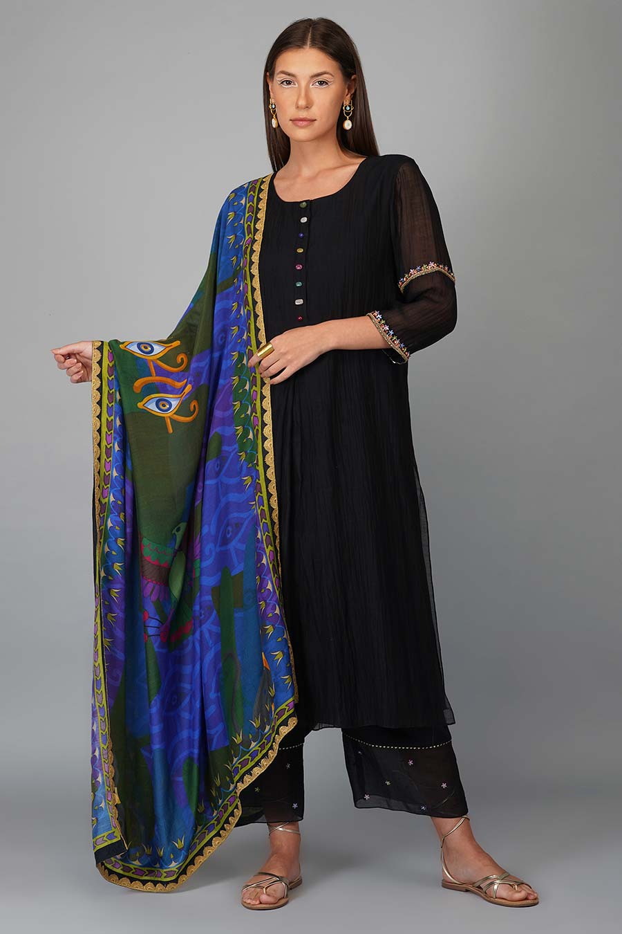 Black Printed Dupatta And Kurta Set