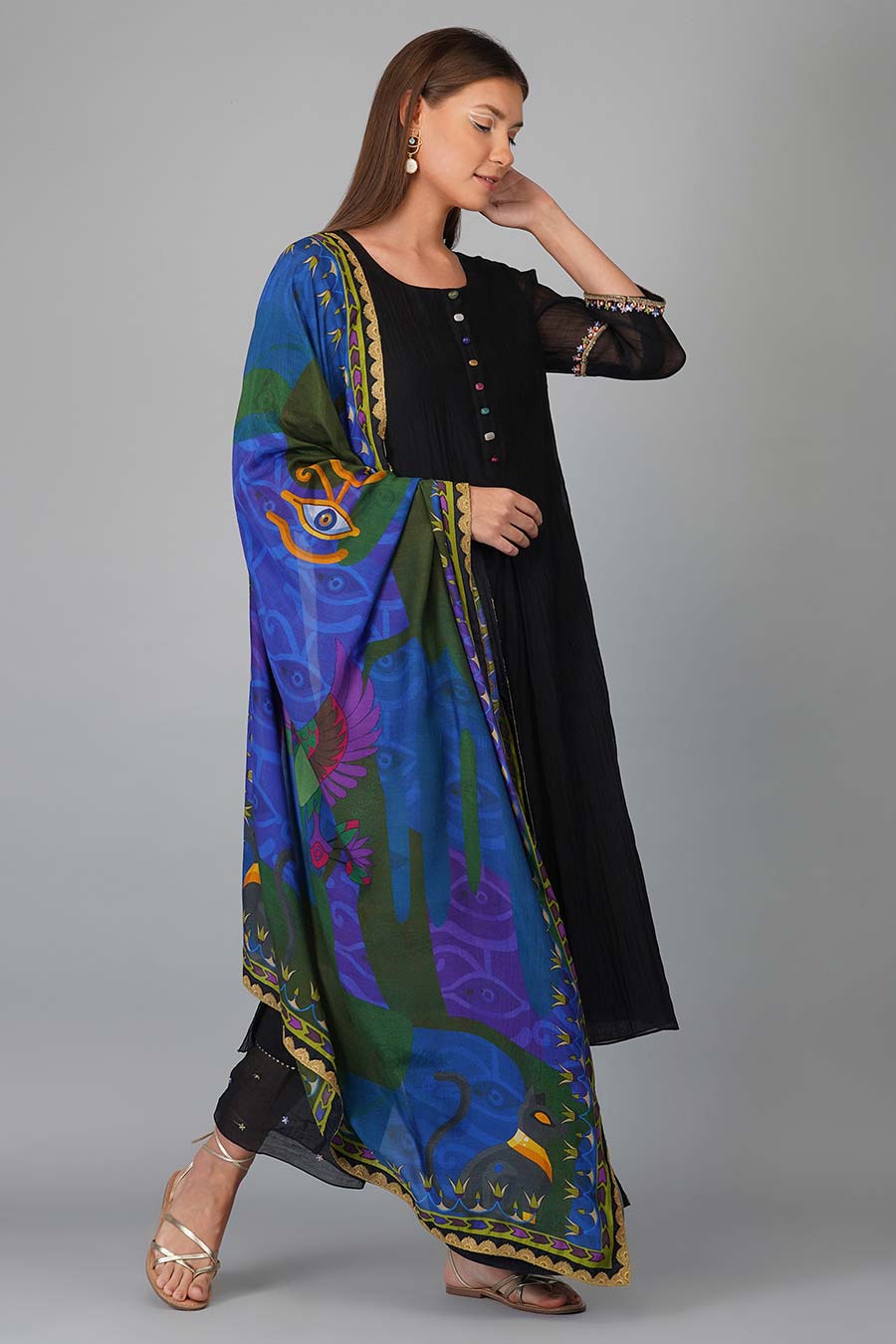 Black Printed Dupatta And Kurta Set