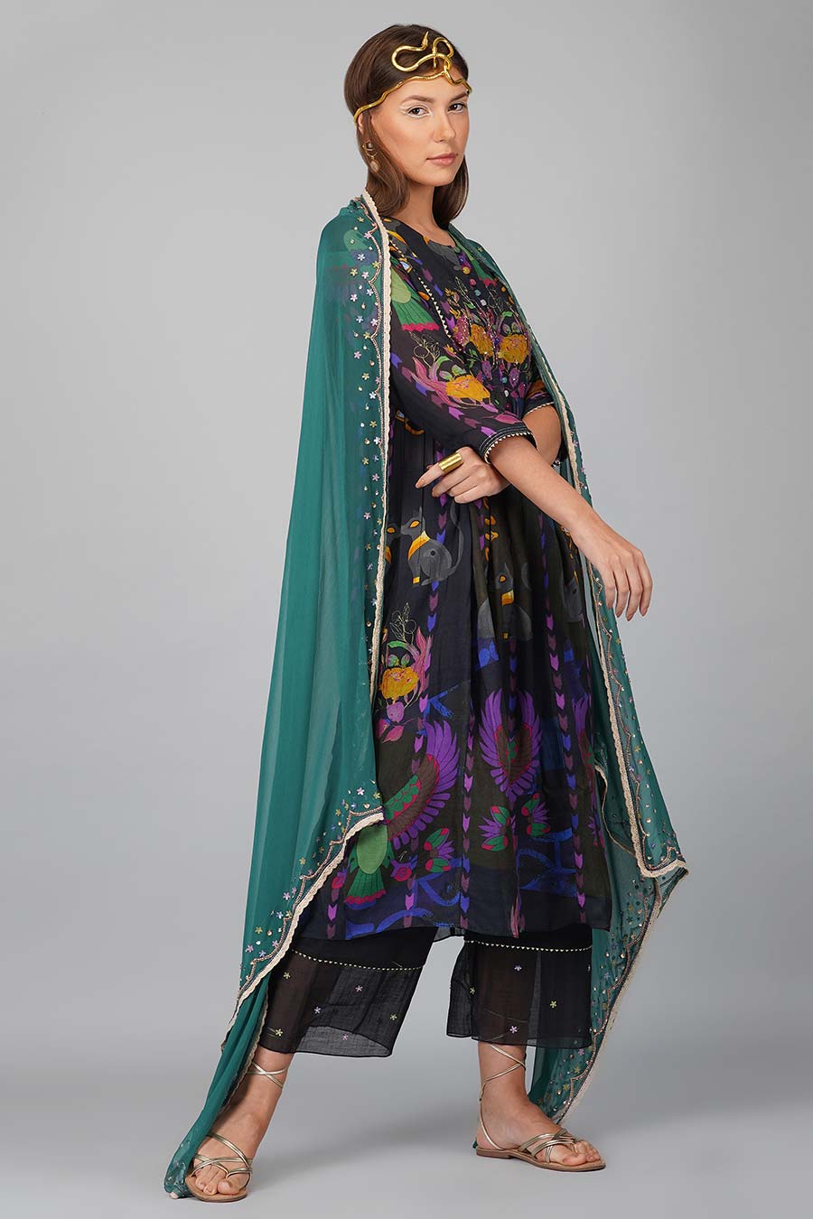 Blue Printed Anarkali Set