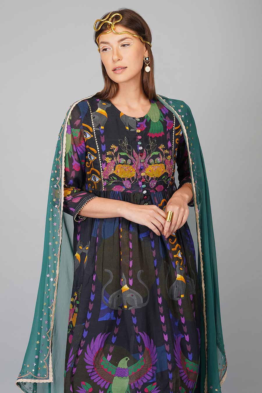 Blue Printed Anarkali Set