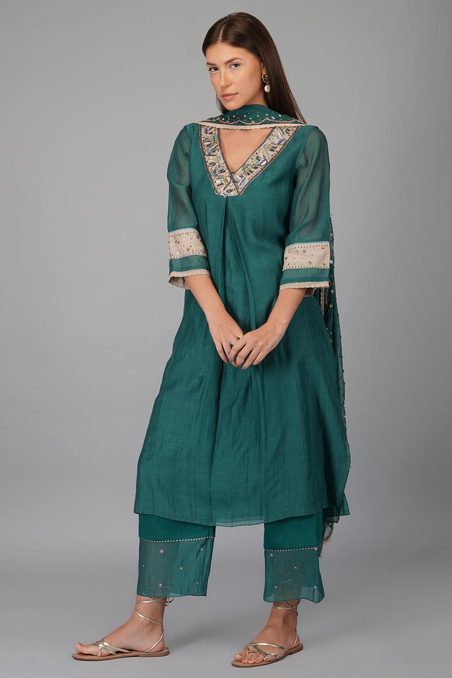 Green Sequin Work Kurta Set