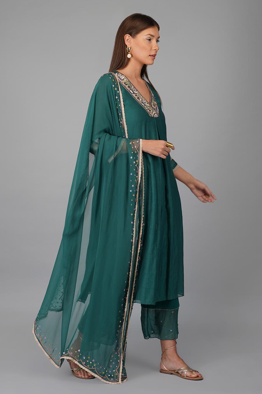 Green Sequin Work Kurta Set