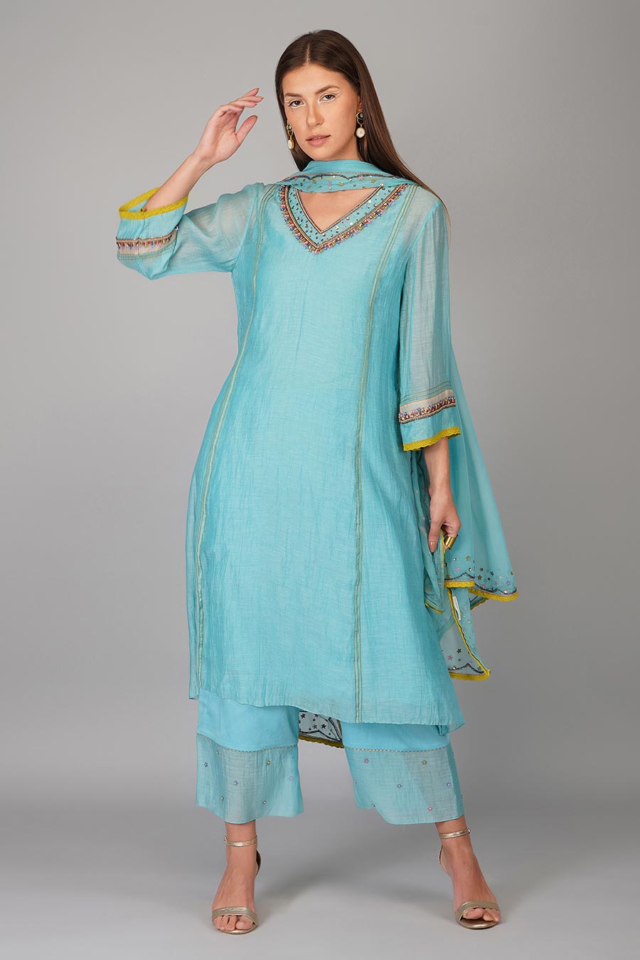 Turquoise Sequin Flower Kurta Set