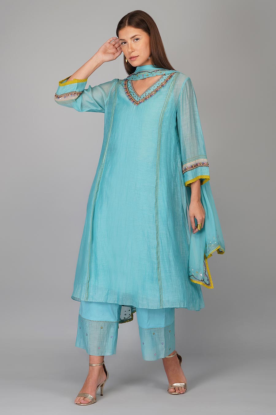 Turquoise Sequin Flower Kurta Set