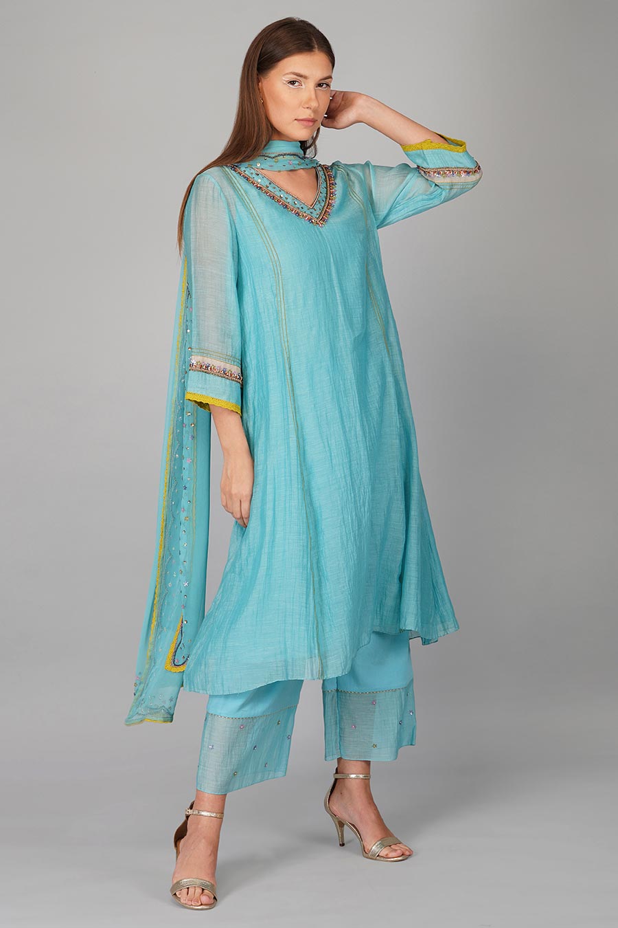 Turquoise Sequin Flower Kurta Set