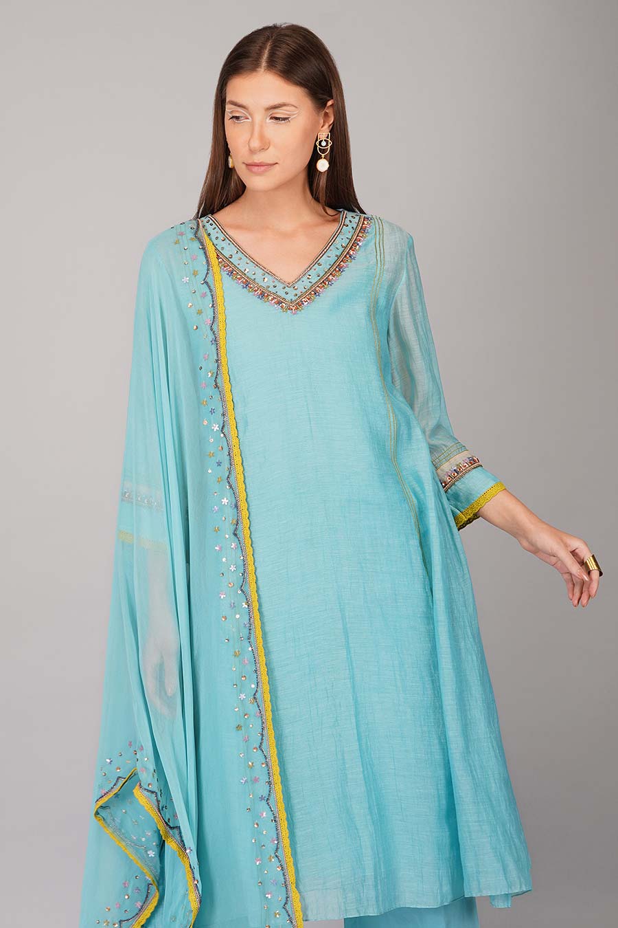 Turquoise Sequin Flower Kurta Set