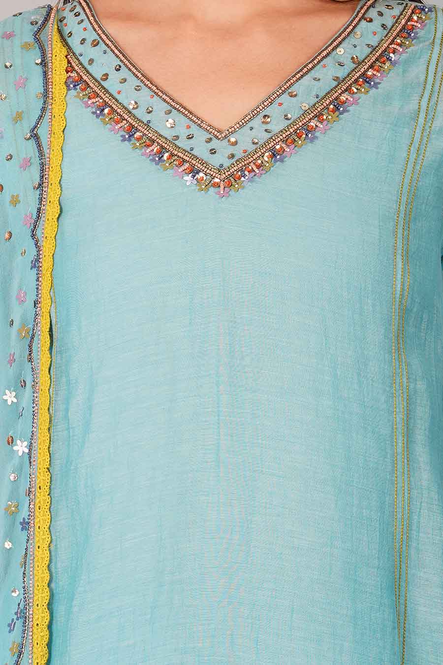 Turquoise Sequin Flower Kurta Set