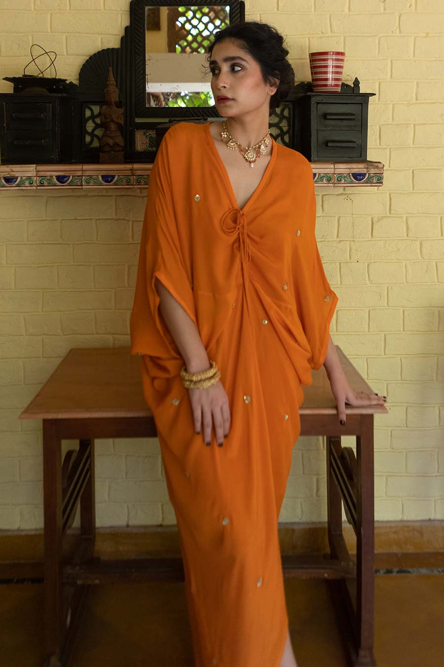 Orange Butti Embroidered Kaftan Dress