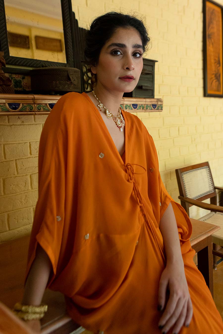 Orange Butti Embroidered Kaftan Dress