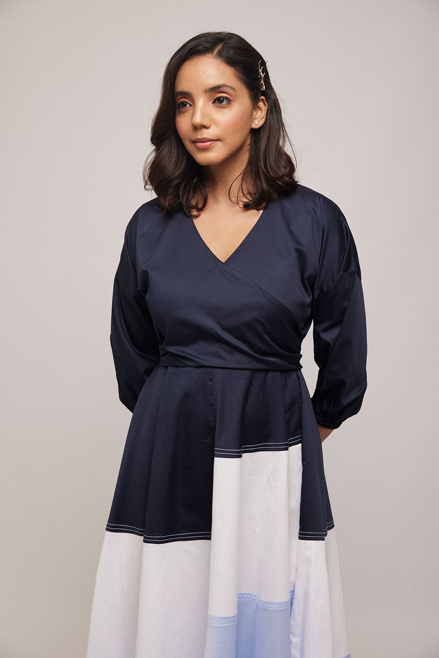 Balloon Tie Colour Block Illusion Dress