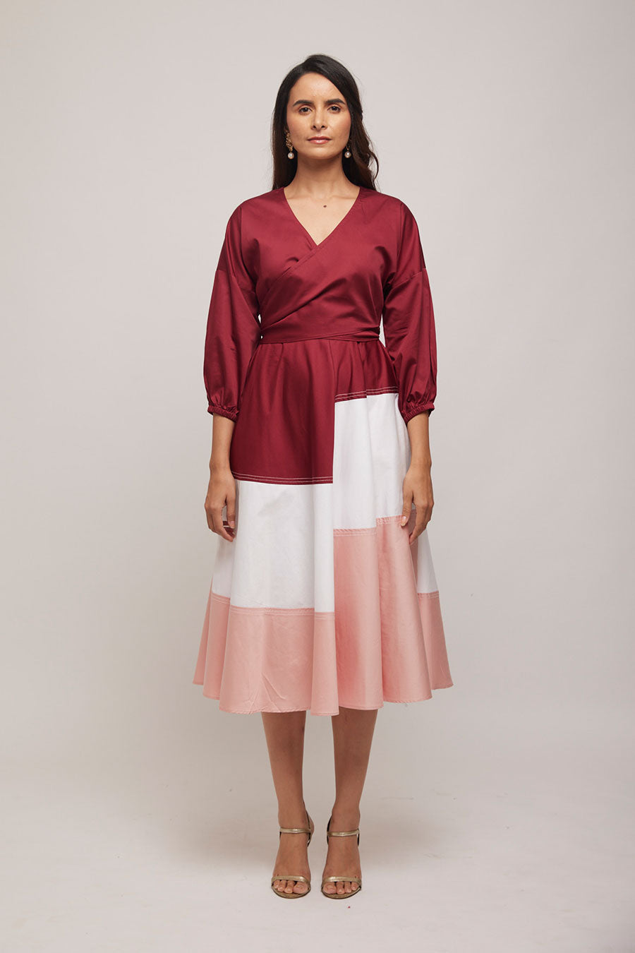 Balloon Tie Colour Block Illusion Dress
