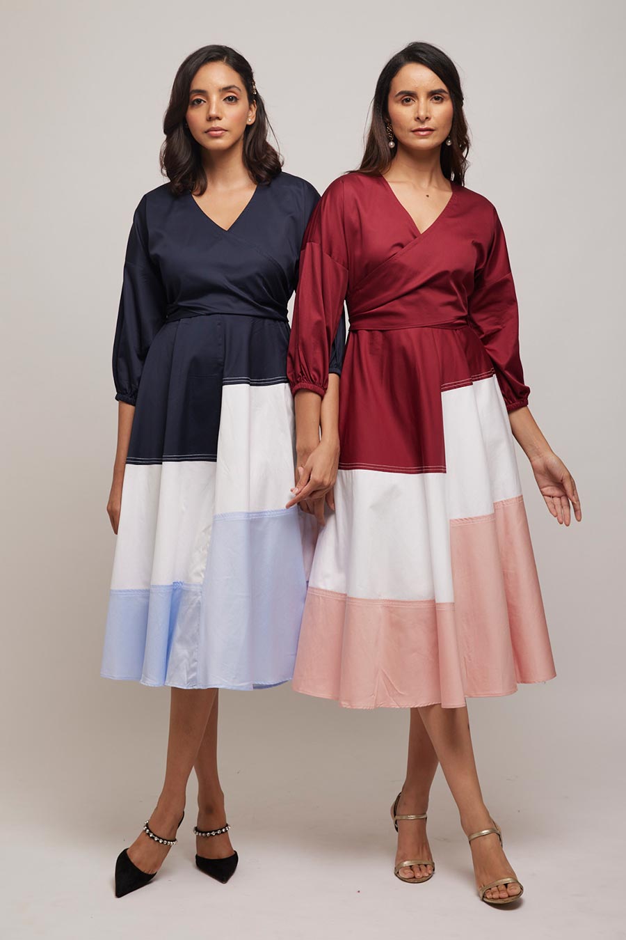 Balloon Tie Colour Block Illusion Dress