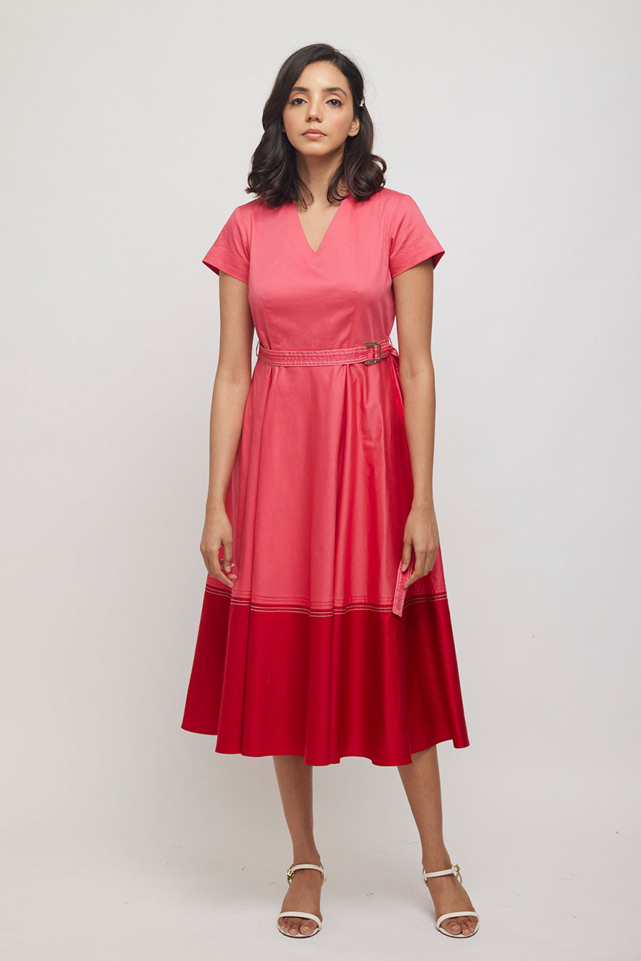 Pink Colour Block Dress with Belt