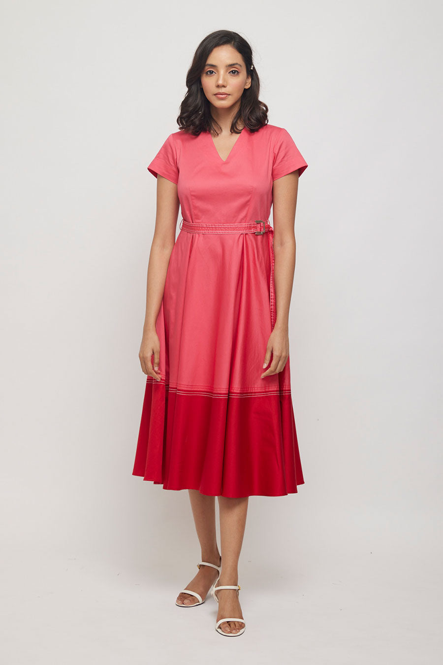 Pink Colour Block Dress with Belt