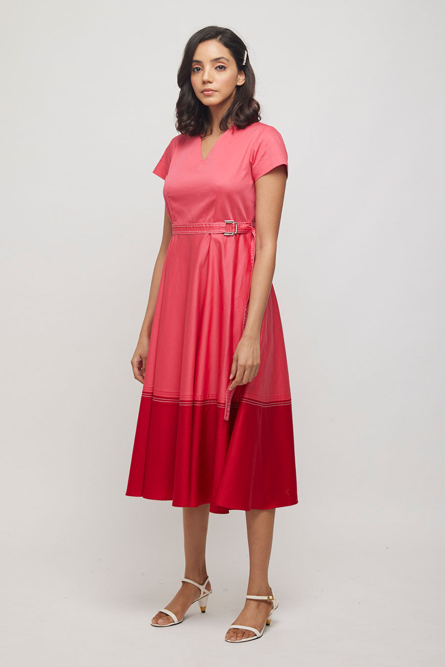 Pink Colour Block Dress with Belt