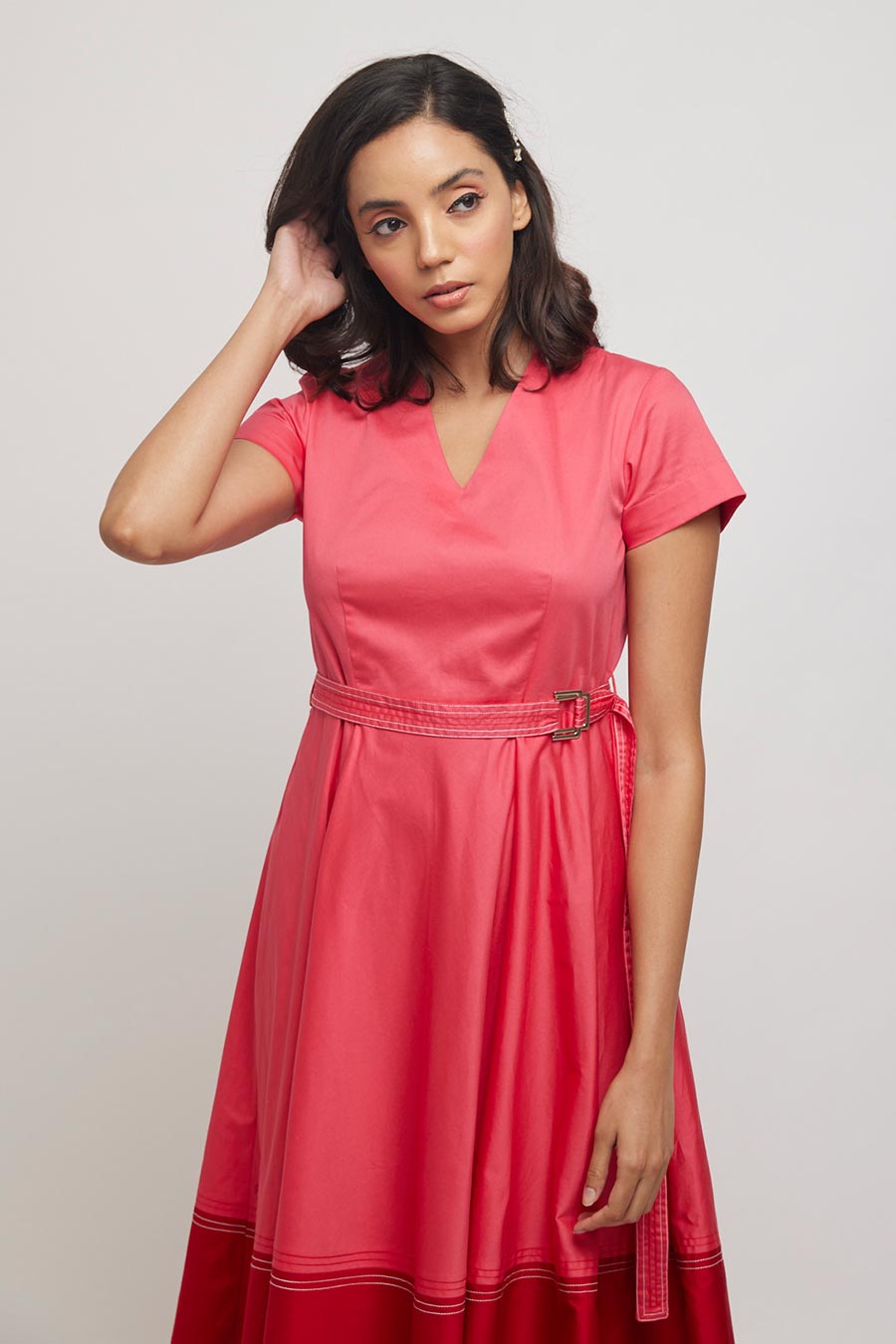 Pink Colour Block Dress with Belt