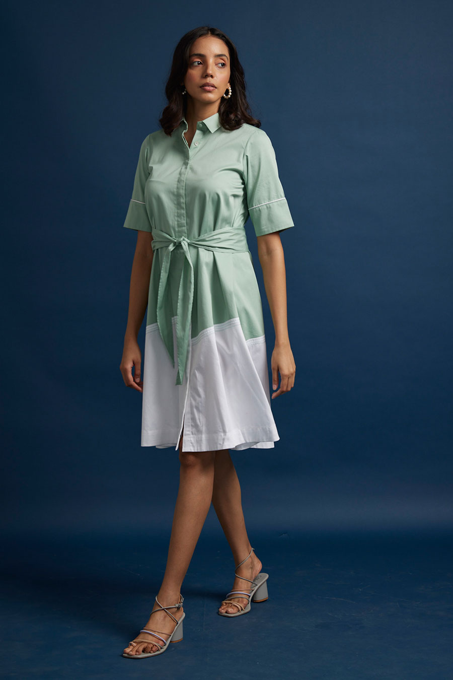 Green Colour Block Tie-Up Dress