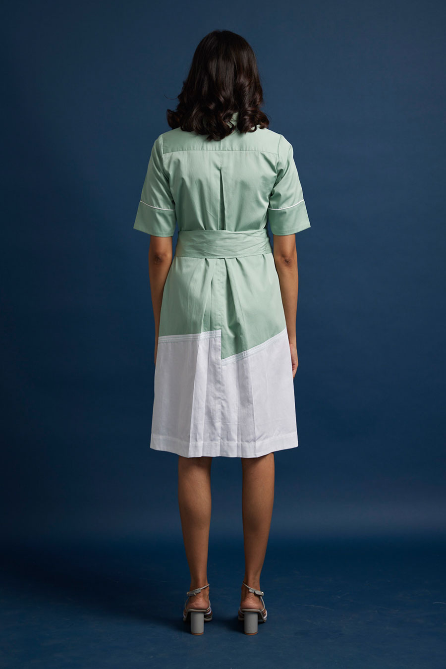 Green Colour Block Tie-Up Dress