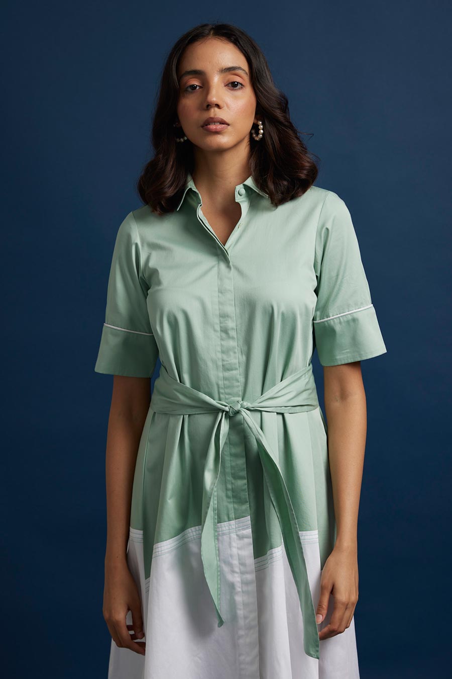 Green Colour Block Tie-Up Dress