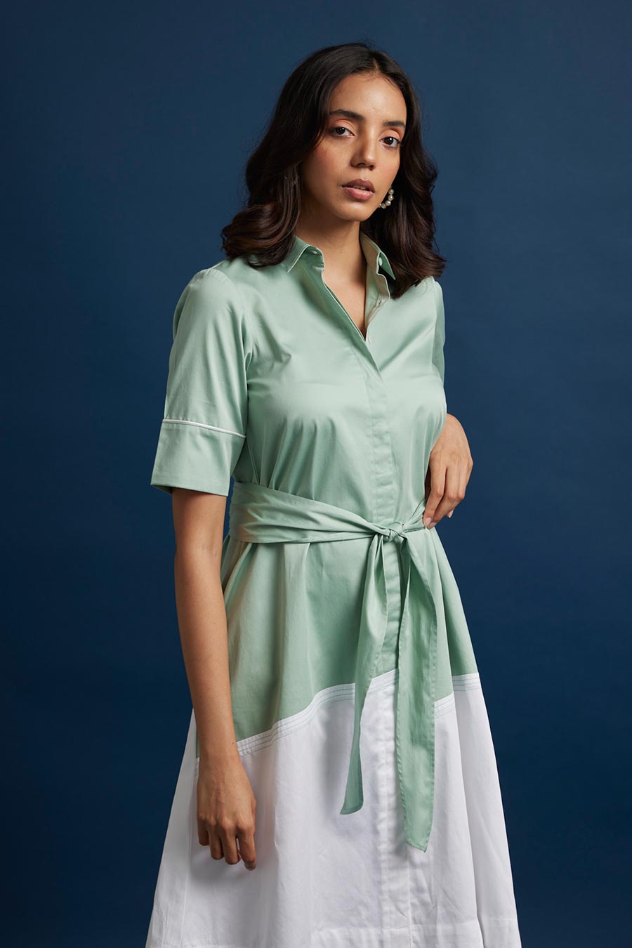 Green Colour Block Tie-Up Dress