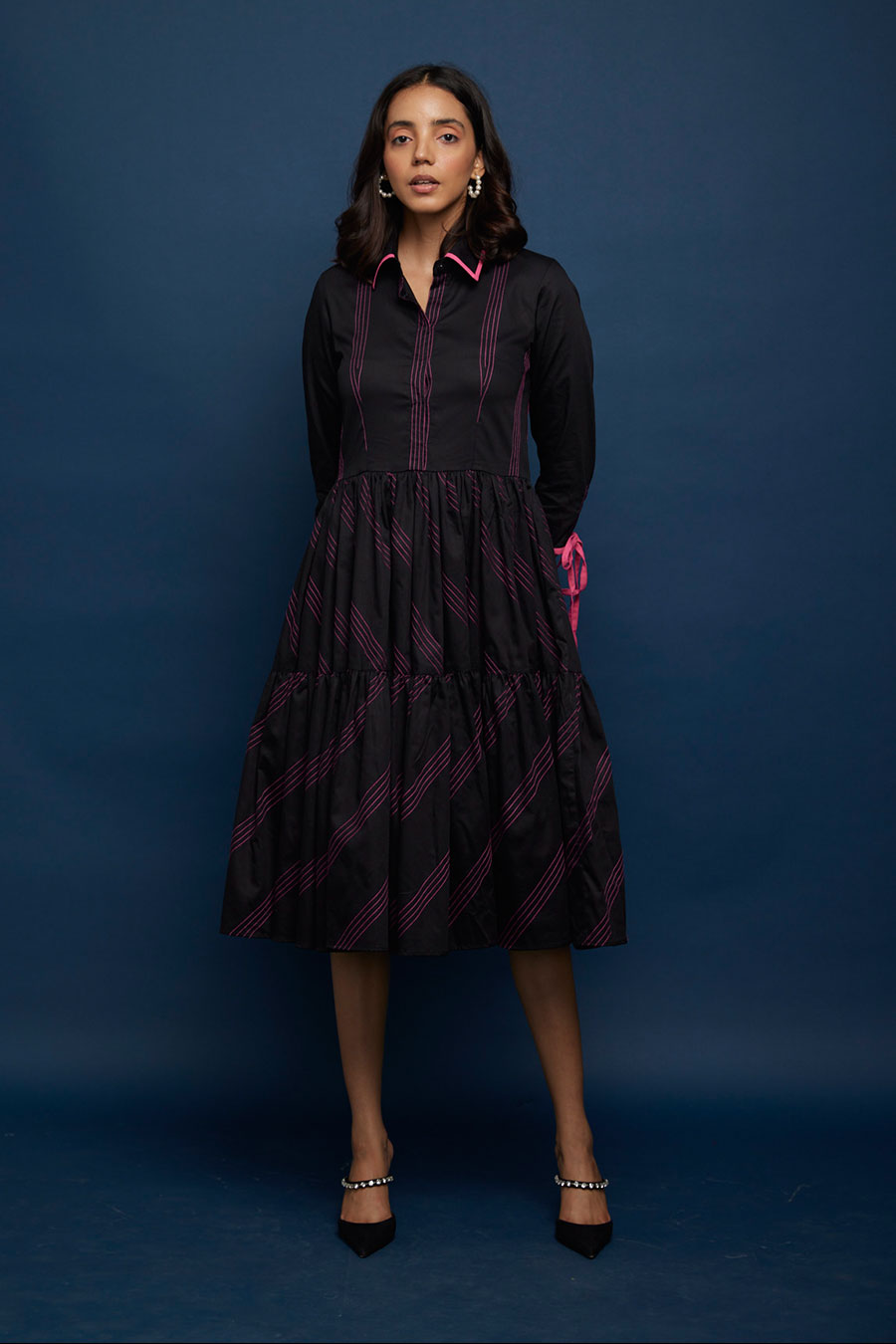 Black Tiered Kantha Stitch Gather Dress