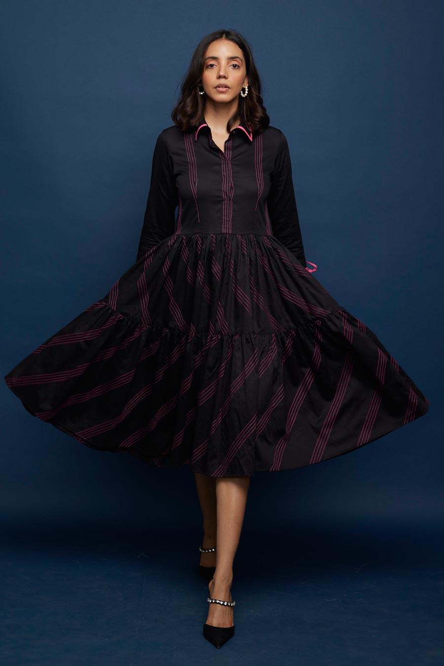 Black Tiered Kantha Stitch Gather Dress