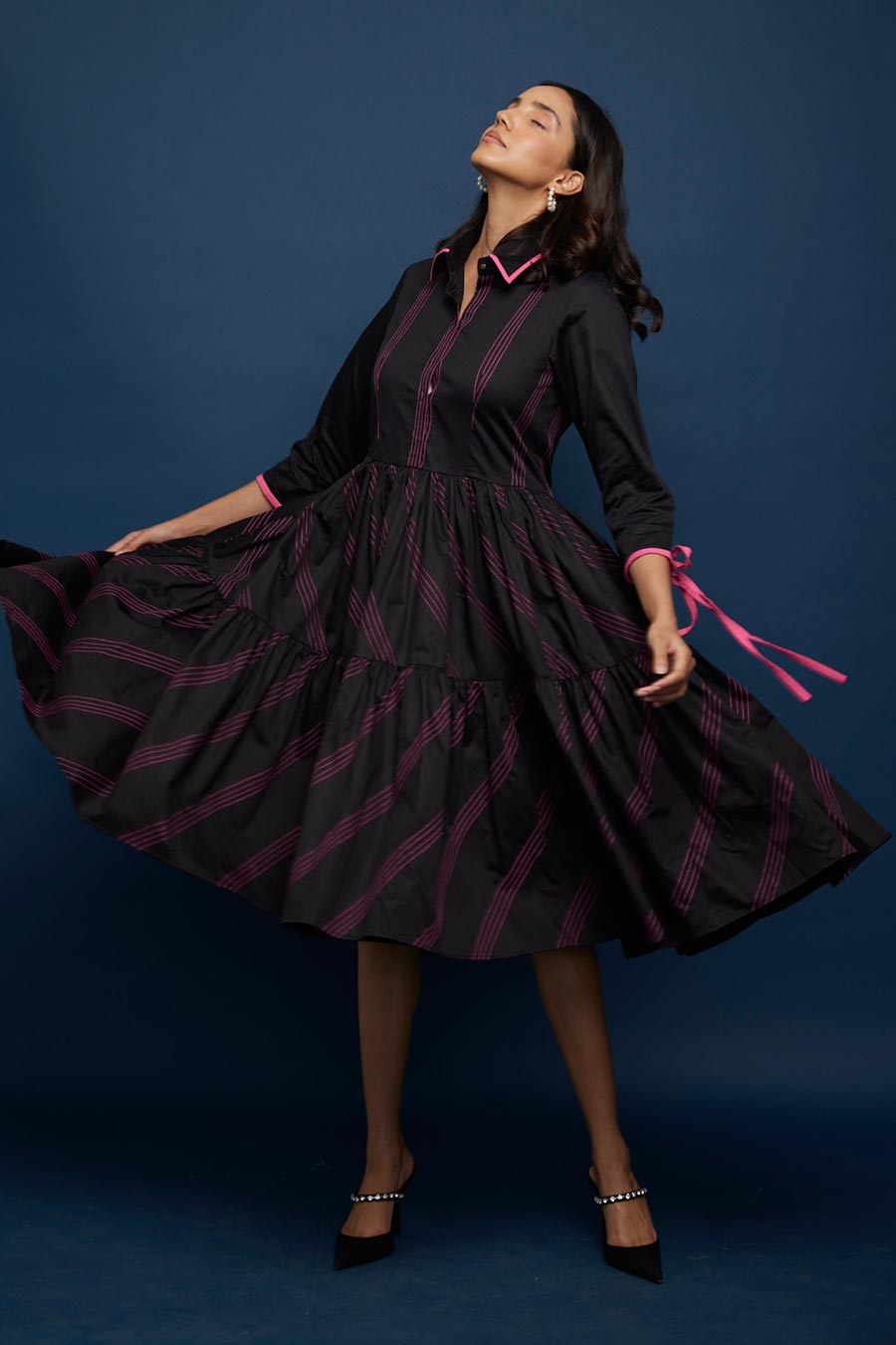 Black Tiered Kantha Stitch Gather Dress
