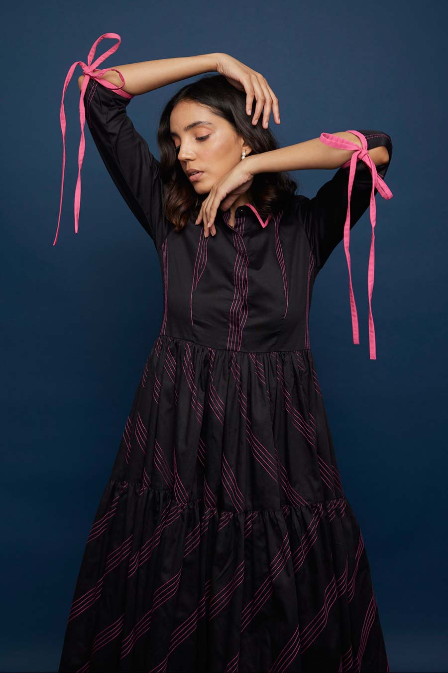 Black Tiered Kantha Stitch Gather Dress