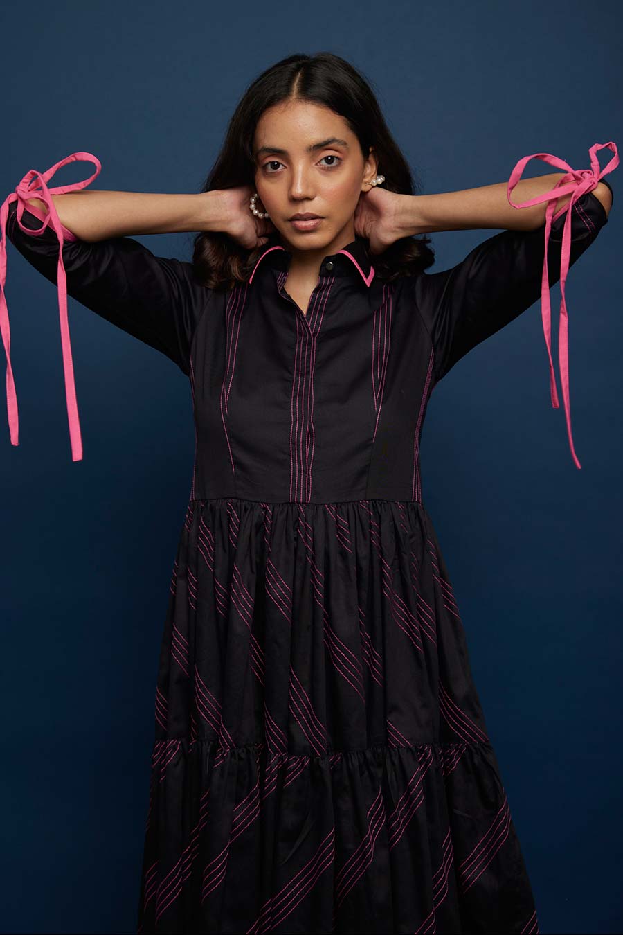 Black Tiered Kantha Stitch Gather Dress