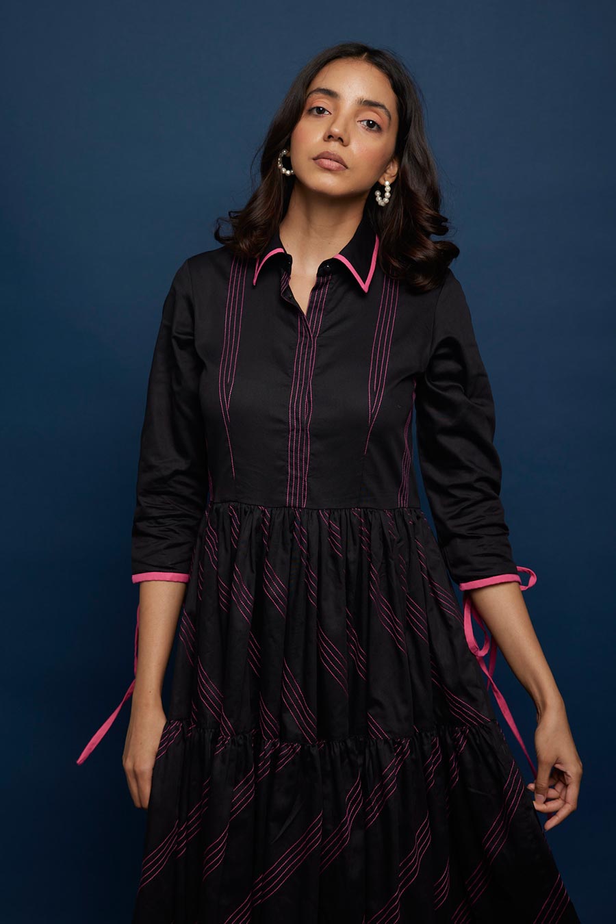 Black Tiered Kantha Stitch Gather Dress