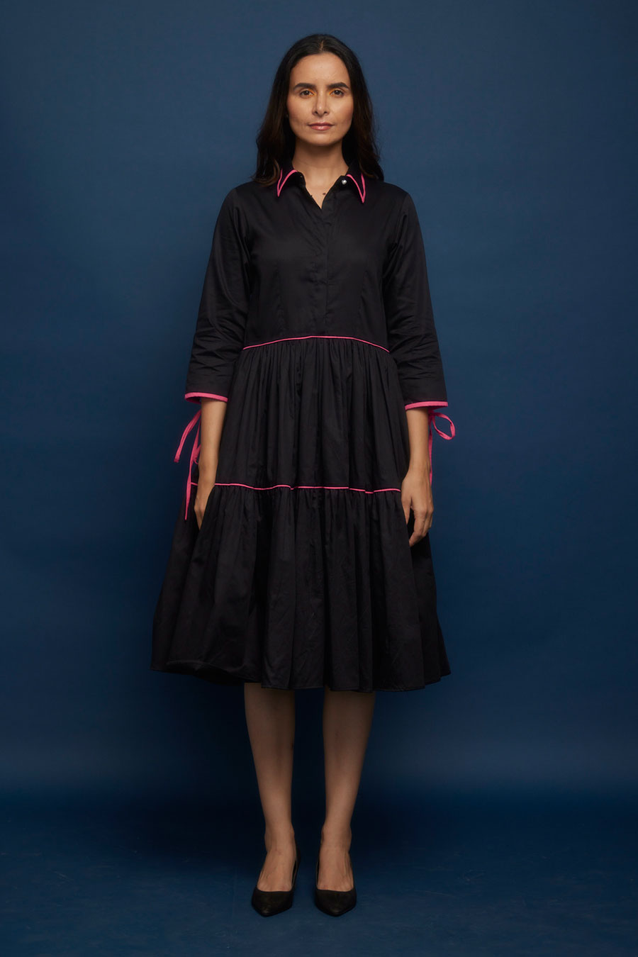 Black Tiered Kantha Stitch Gather Dress