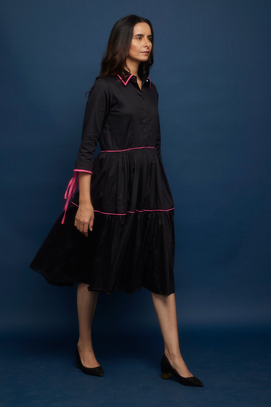 Black Tiered Kantha Stitch Gather Dress