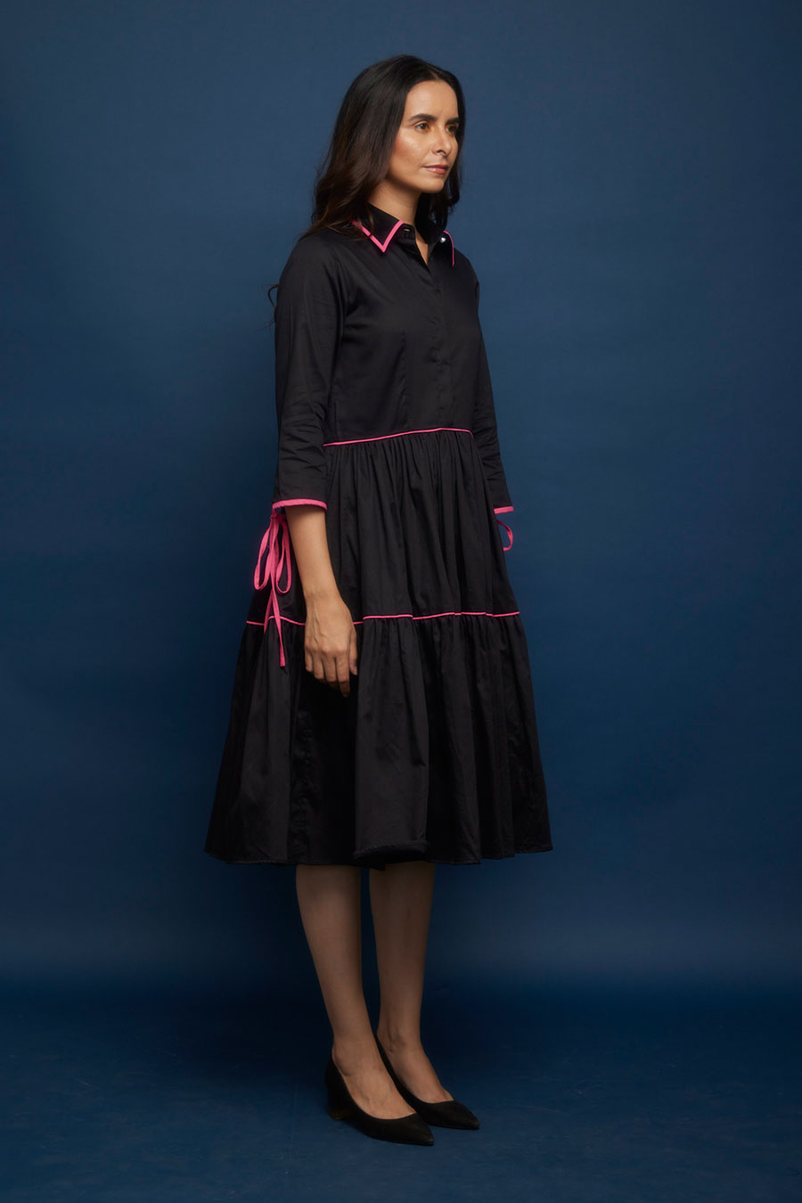 Black Tiered Kantha Stitch Gather Dress