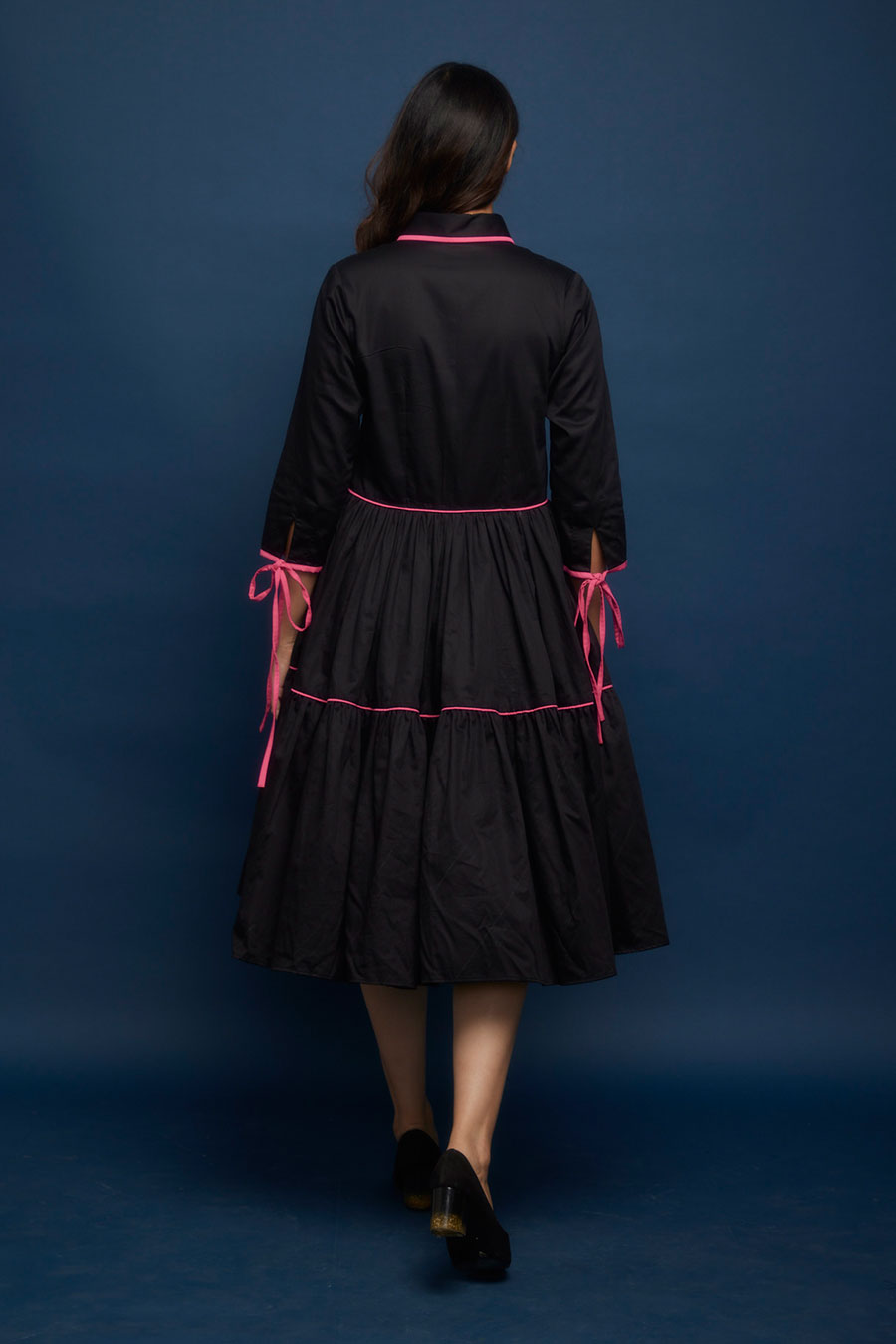 Black Tiered Kantha Stitch Gather Dress