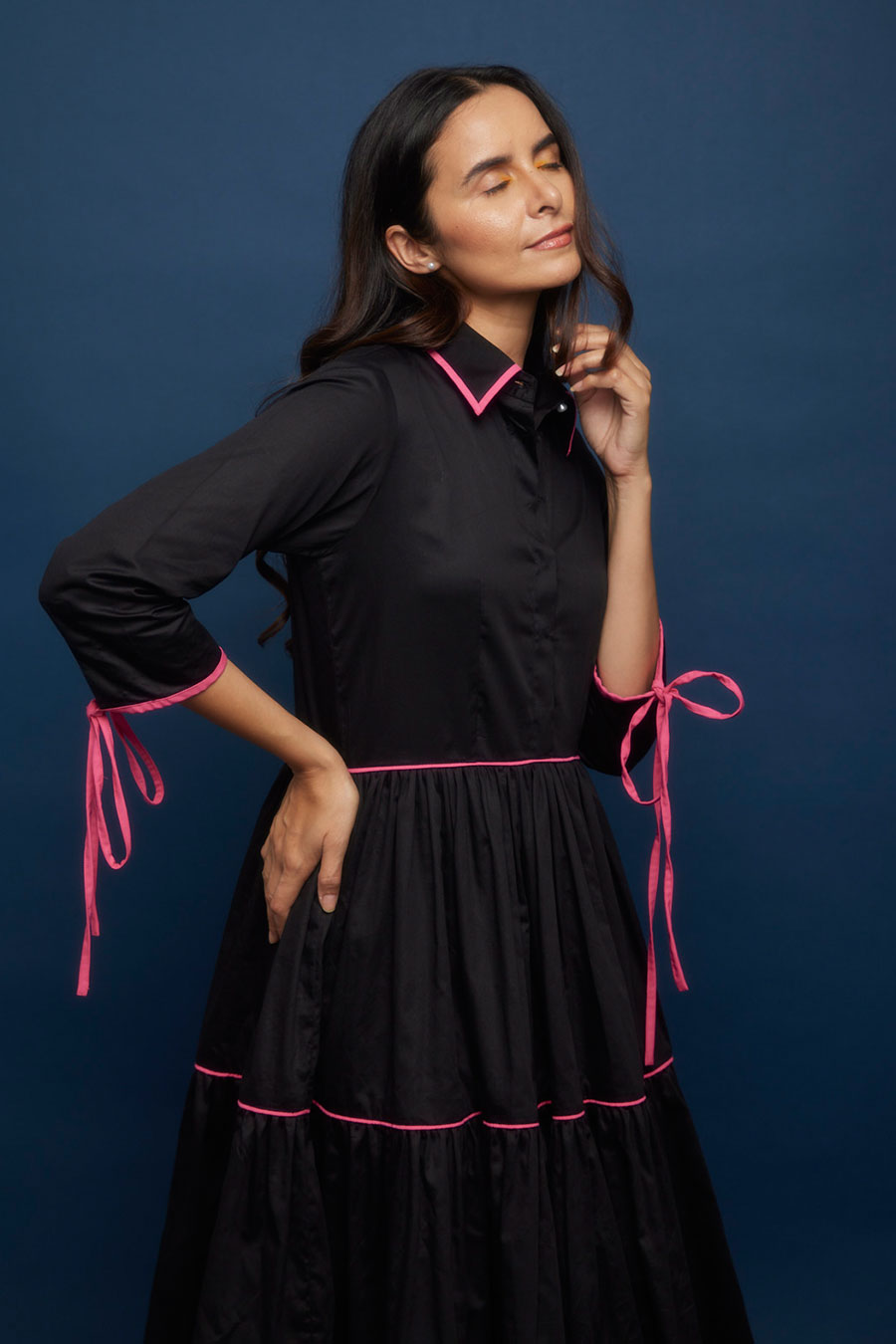 Black Tiered Kantha Stitch Gather Dress