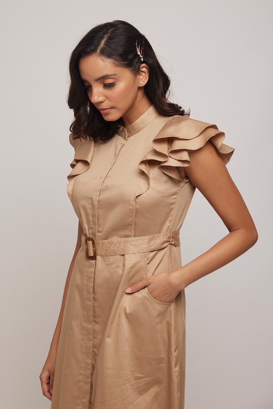 Gold Circular Flare Shirt Dress with Belt