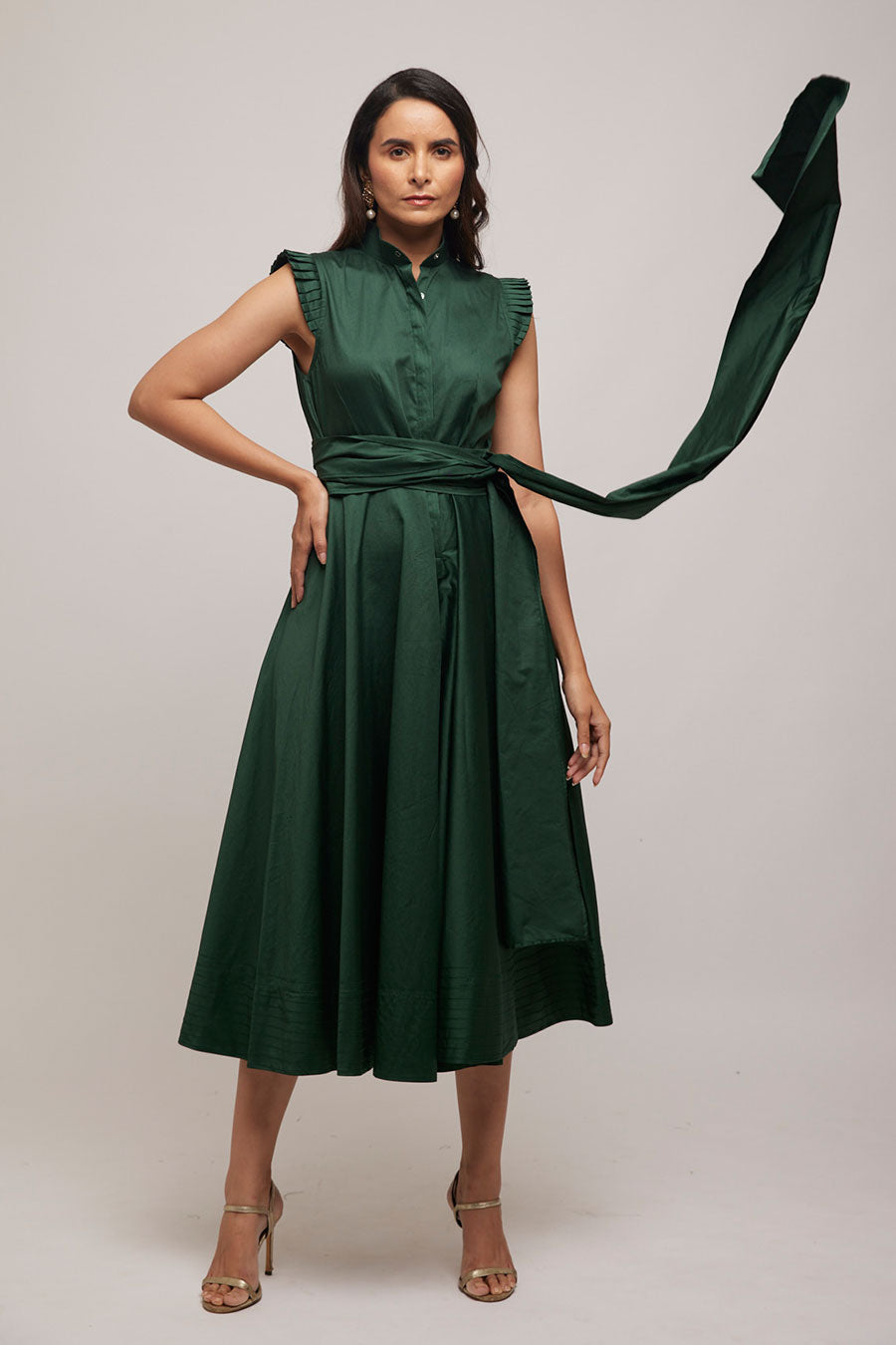 Green Flared Culotte Jumpsuit with Belt