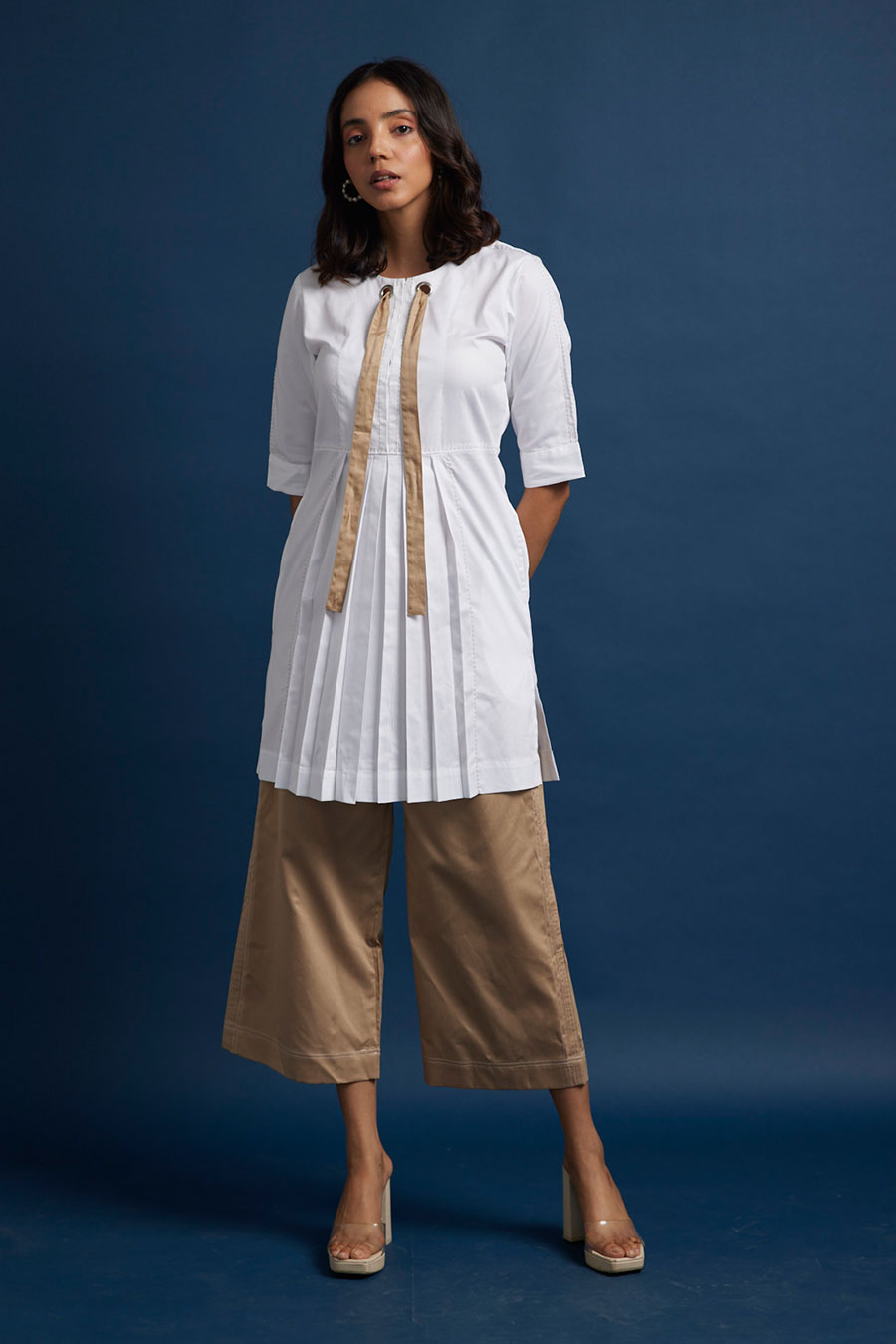 Beige Kantha Stitch Culotte Pants