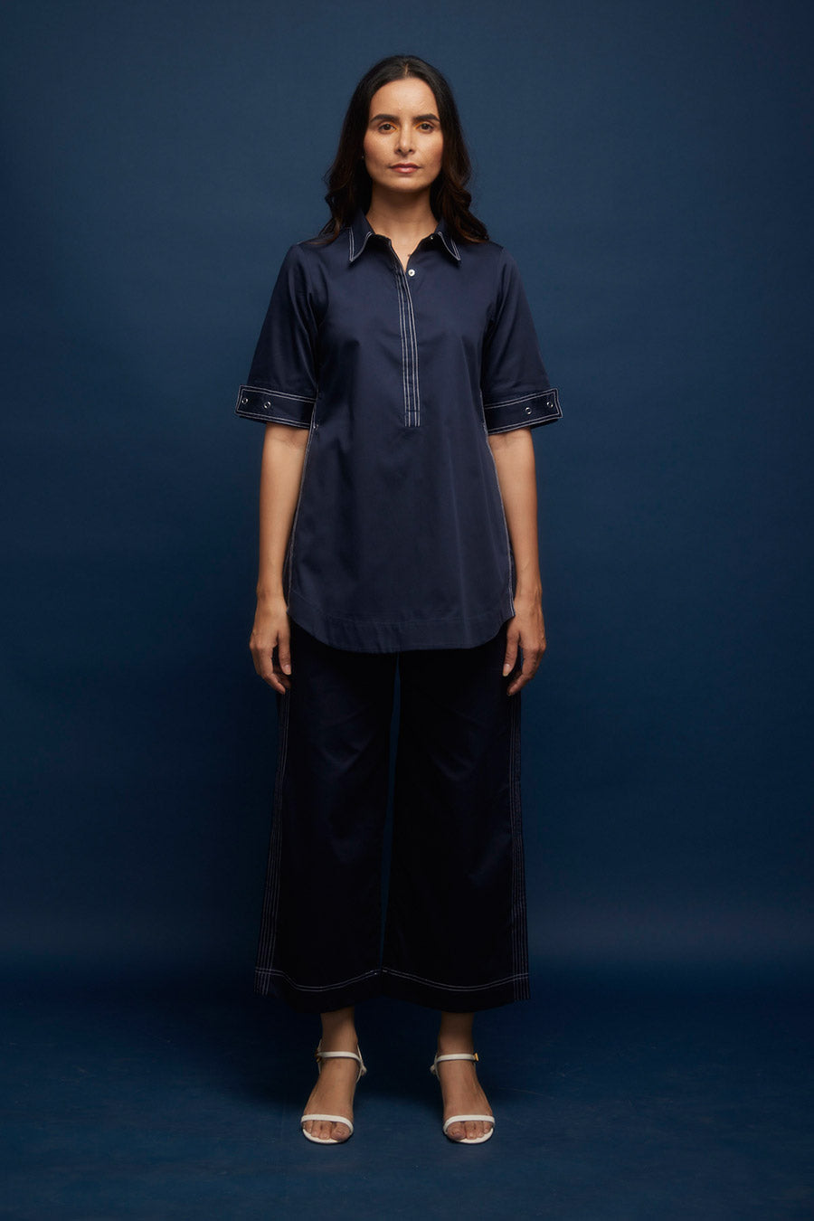 Navy Kantha Stitch Culotte Pants