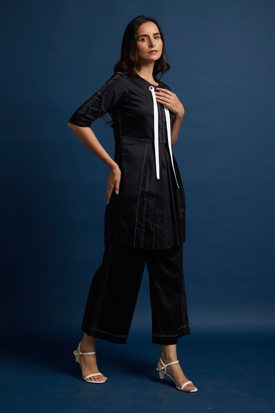 Black Pleated Drawstring Tunic