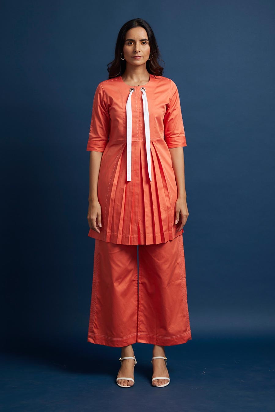 Orange Pleated Drawstring Tunic