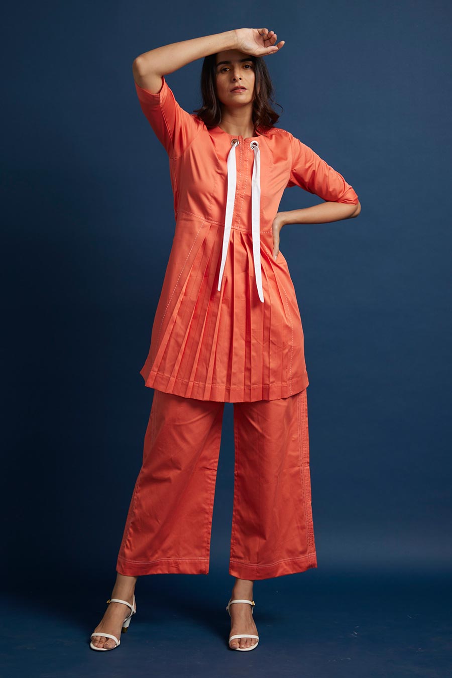 Orange Pleated Drawstring Tunic