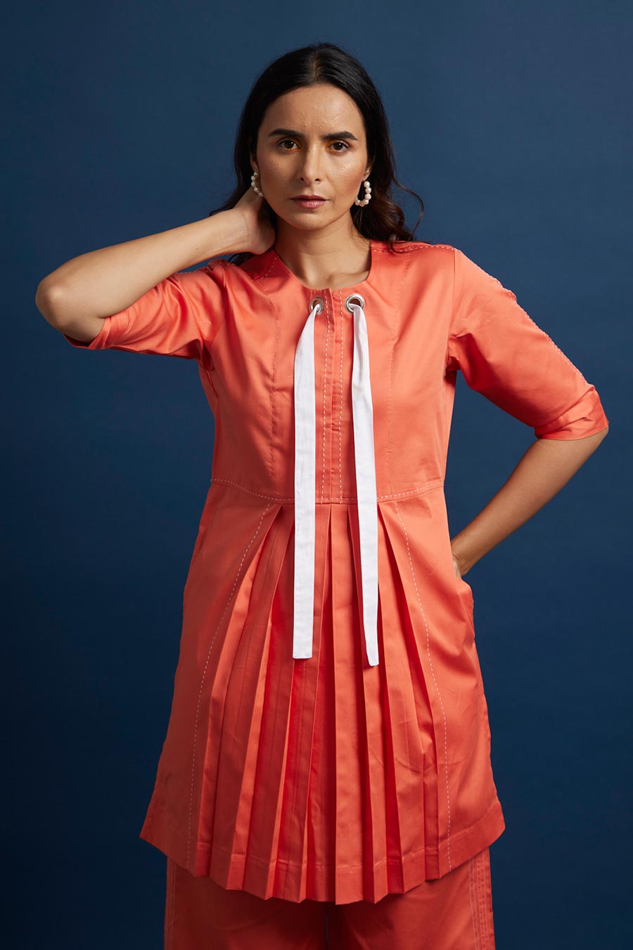 Orange Pleated Drawstring Tunic